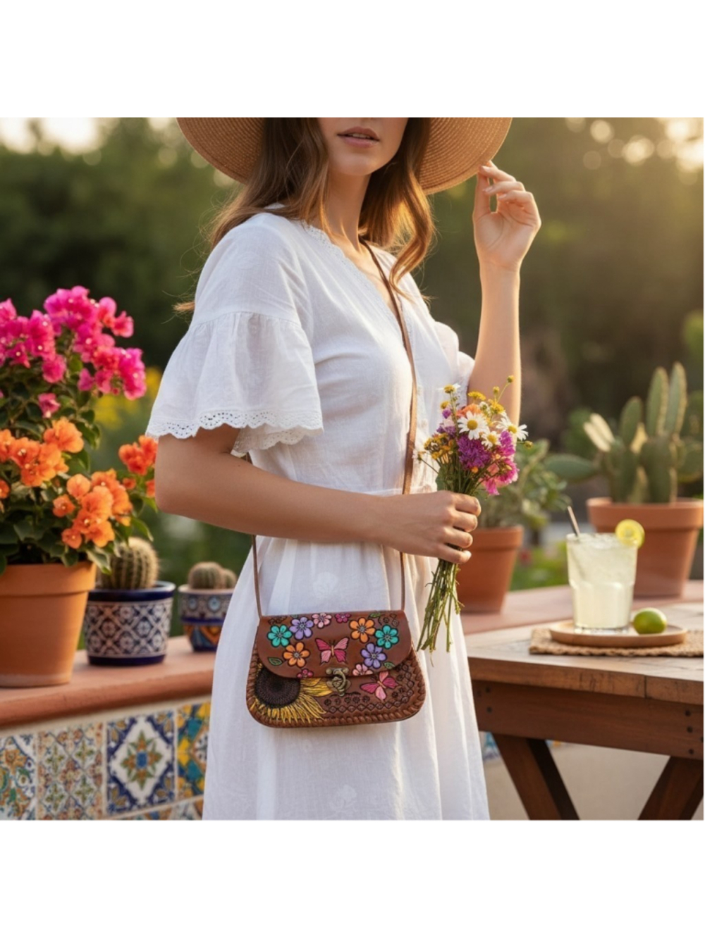 Butterfly Sunflower Brown Embossed Tooled Artisan LEATHER Crossbody Purse Bag - Picture 3 of 16